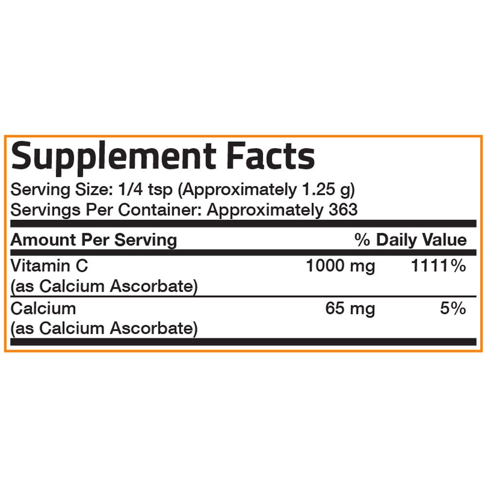 Bronson Vitamins Vitamin C Non-Acidic Calcium Ascorbate Crystals - 1,000 mg - 1 lb (454g) Item #84B, Supplement Facts Panel