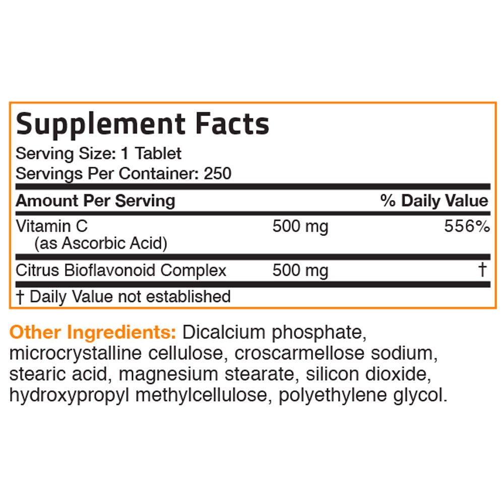 Bronson Vitamins Vitamin C Ascorbic Acid with Citrus Bioflavonoids - 500 mg - 250 Tablets, Item #85B, Supplement Facts Panel