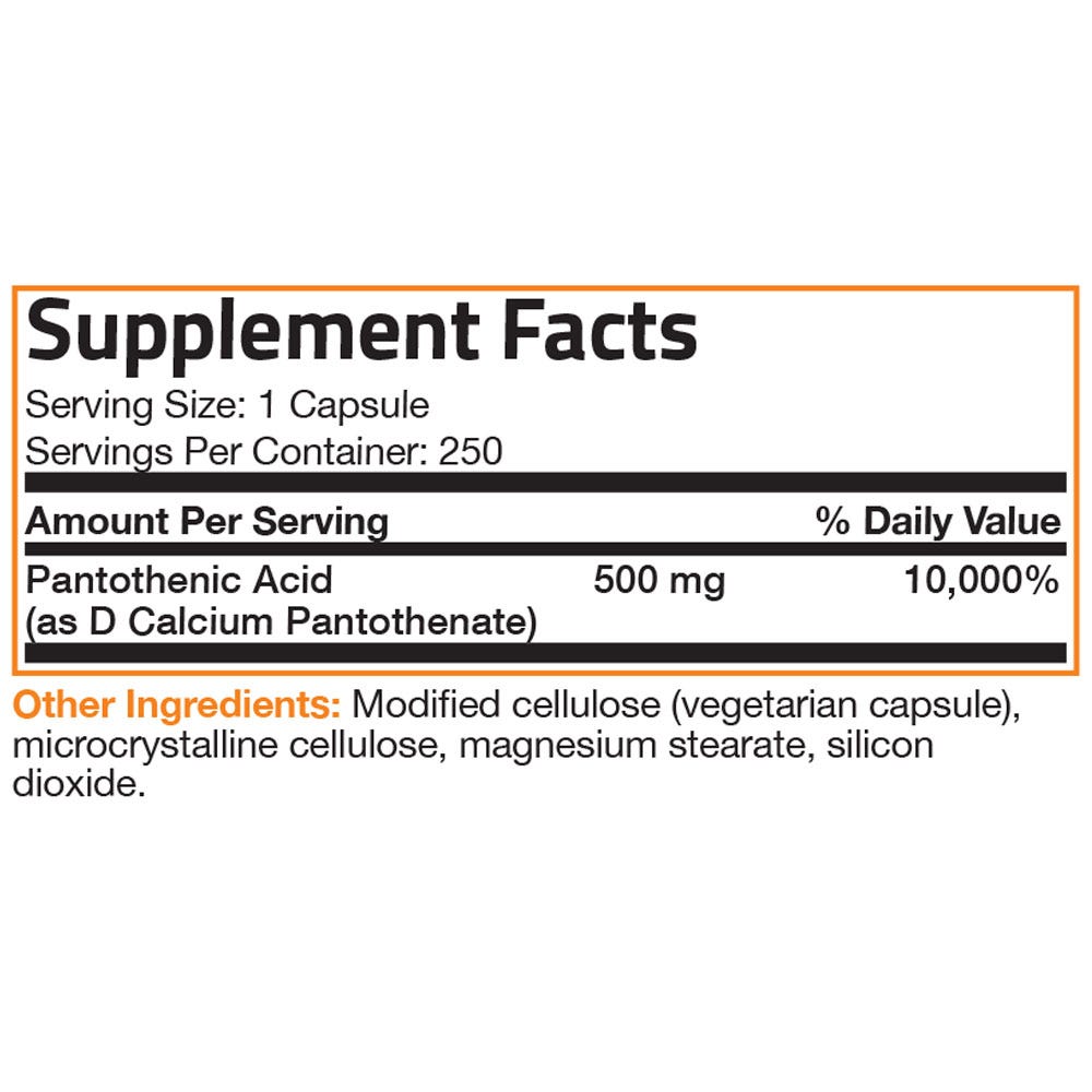 Bronson Vitamins Pantothenic Acid Vitamin B5 - 500 mg - 250 Capsules, Item #96B, Supplement Facts Panel